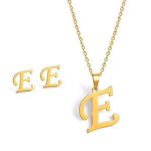 Gold Tone Stainless Steel Monogram Letter "E" Earring And Necklace Set